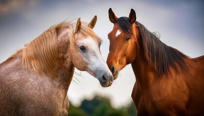 Naklejka premium Two Majestic Horses Embrace in a Serene Field, Basking in the Soft Light of Golden Afternoon, Expressing Intense Bond with Warmth and Emotion.