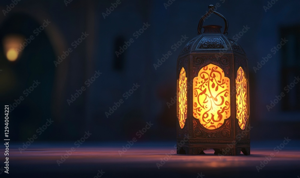 Aufkleber glowing lantern with ramadan-themed patterns on it, placed on an empty table at night