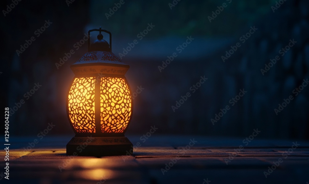 Aufkleber glowing lantern with ramadan-themed patterns on it, placed on an empty table at night