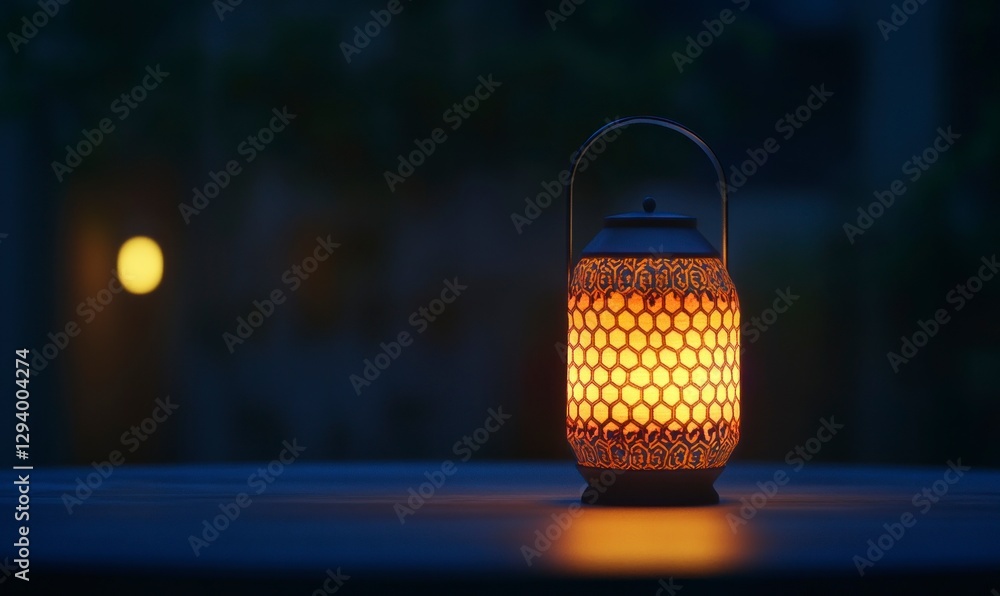 Aufkleber glowing lantern with ramadan-themed patterns on it, placed on an empty table at night