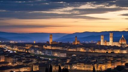 Obraz premium 1. Nighttime View from a Wooden Terrace Overlooking Illuminated Florence, Italy