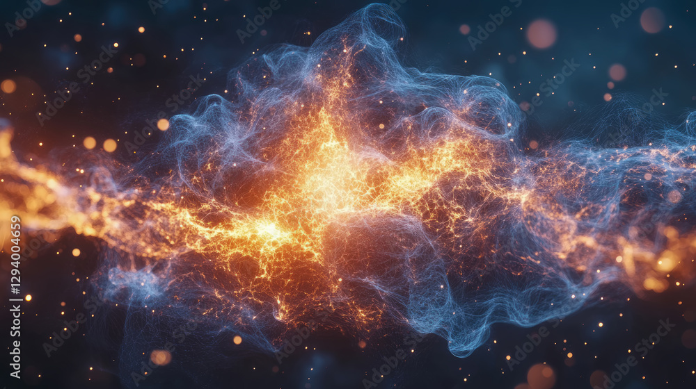 Poster abstract nebulae formation with fiery core, ethereal filament and bokeh effect for space exploration