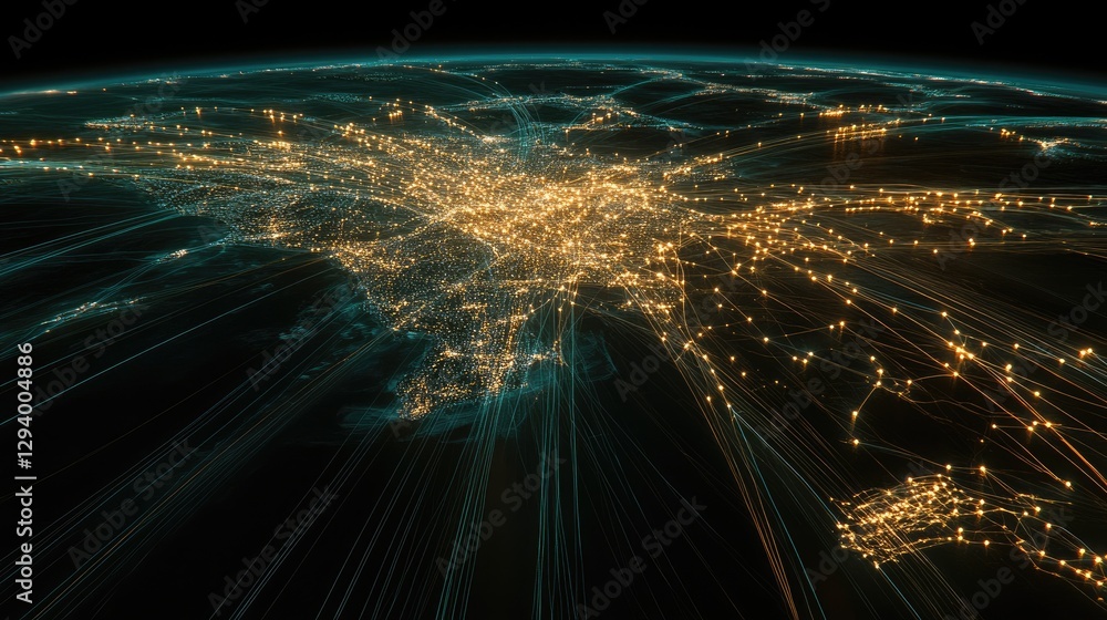 Poster digital network concept with glowing nodes and interconnected lines symbolizing global communication