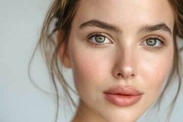 Obraz premium Close-up portrait of a young Caucasian woman with green eyes and soft makeup, emanating a fresh and natural beauty.