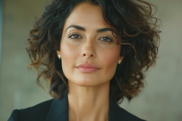 Confident young woman with curly hair and warm skin tone wearing a black blazer, exuding strength and professionalism.