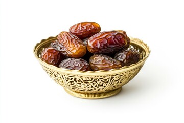 golden bowl filled with dates, isolated on a white background, a Ramadan concept, suitable for advertising or product presentation