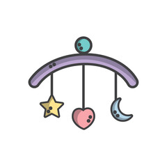 Colorful Flat Vector Illustration of a Baby Mobile with Star, Heart, and Moon – Nursery Hanging Decoration Icon for Infant Room and Baby Shower Designs