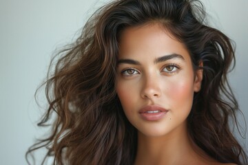 Fototapeta premium A beautiful young woman with wavy, dark hair and stunning brown eyes, showcasing a natural and radiant look.