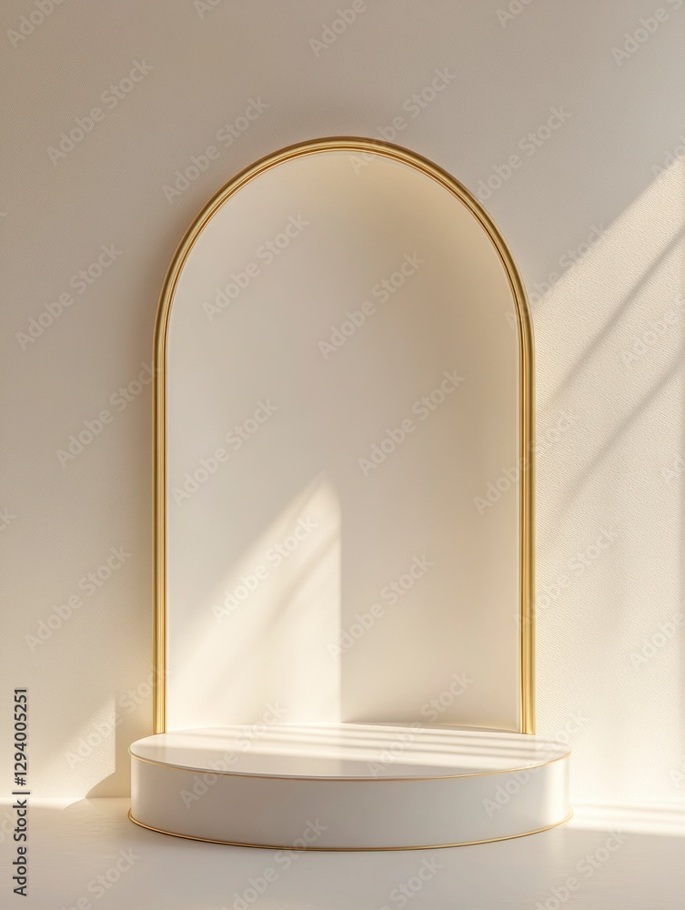Poster golden geometric frame in the shape of an arch, set against a white background. the focus is on a ci