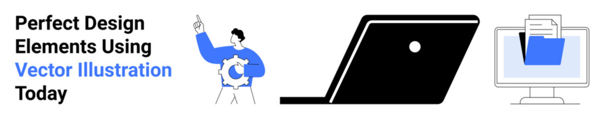 Person presenting creative ideas, laptop symbolizing work, computer with files. Ideal for design tools, productivity, presentations, creative work, digital workspace, content management abstract