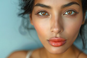 Fototapeta premium A close-up of a young South Asian woman showcasing her radiant brown eyes and soft skin tones, exuding confidence and beauty.
