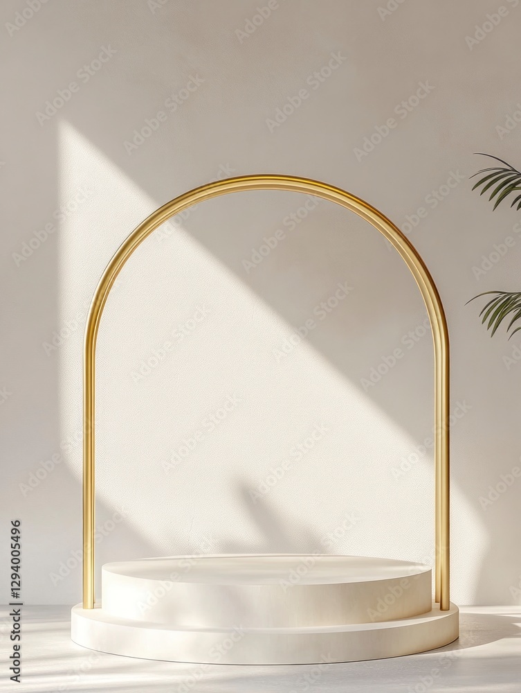 Poster golden geometric frame in the shape of an arch, set against a white background. the focus is on a ci