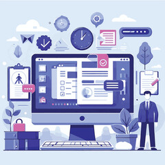 computer, business, digital, technology, communication, laptop, design, office, web, internet, tech, work, vector, modern, employee, pc, monitor, information, device, desk, online, desktop, isolated, 