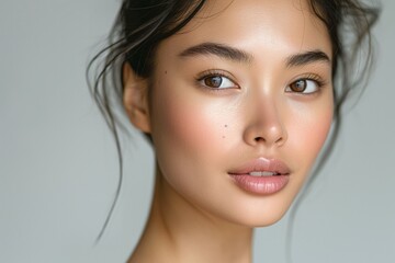 Fototapeta premium A close-up portrait of an Asian female model with flawless skin, showcasing natural beauty and soft features.