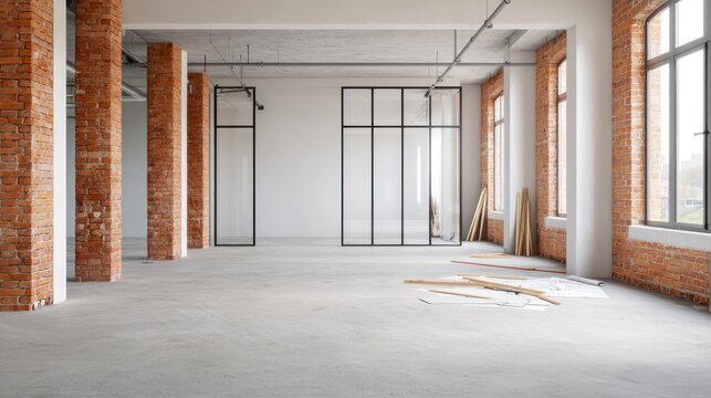 Renovation project in urban workspace modern office interior bright environment contemporary viewpoint