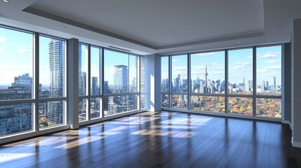 Fototapeta premium Modern Empty Apartment Interior with City View Through Windows