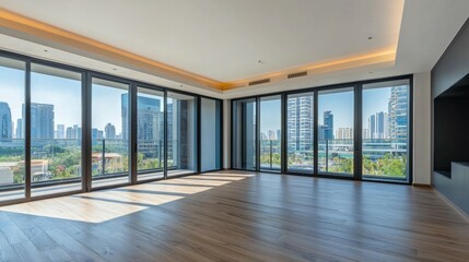 Obraz premium Modern empty apartment interior with large windows and skyline view