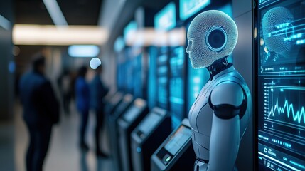 AI chatbots enhance customer service and improve customer experience. A futuristic robot stands in a high-tech environment, surrounded by glowing screens displaying data and analytics.