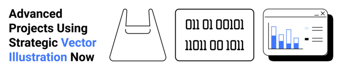 Binary code panel, chart interface, and abstract tool icon display technology, analysis, coding, and digital project strategies. Ideal for AI, tech, innovation research and flat landing page banner
