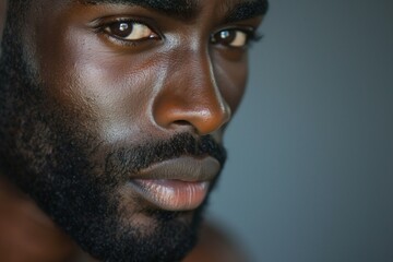 Obraz premium Close-up portrait of a handsome Black man with a strong jawline and intense gaze.