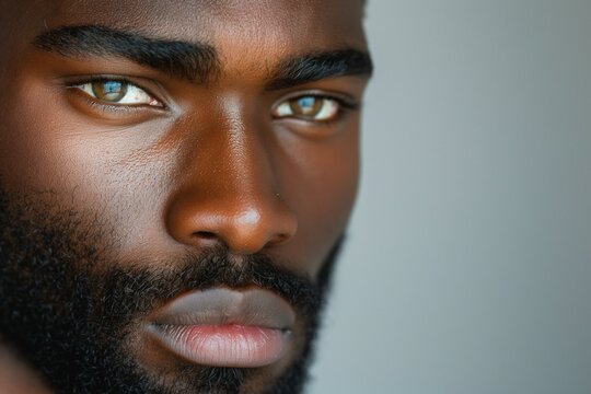 Close-up portrait of a handsome Black man with striking green eyes and a well-groomed beard.