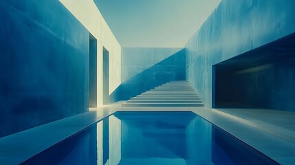 Fototapeta premium A modern architectural scene featuring a reflective pool and stairs