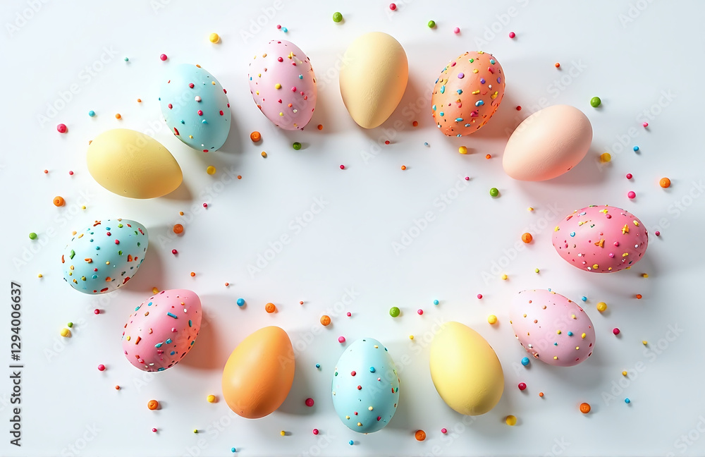Aufkleber Colorful Eggshell Pattern Forms A Festive Design With Tiny Sugar Sprinkles On A Clean White Table With Empty Space Around It.