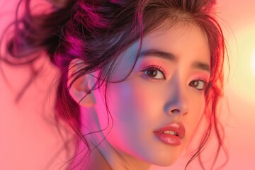 Fototapeta premium Close-up of a young Asian woman with stylish hair and vibrant makeup, featuring soft pink and orange lighting.