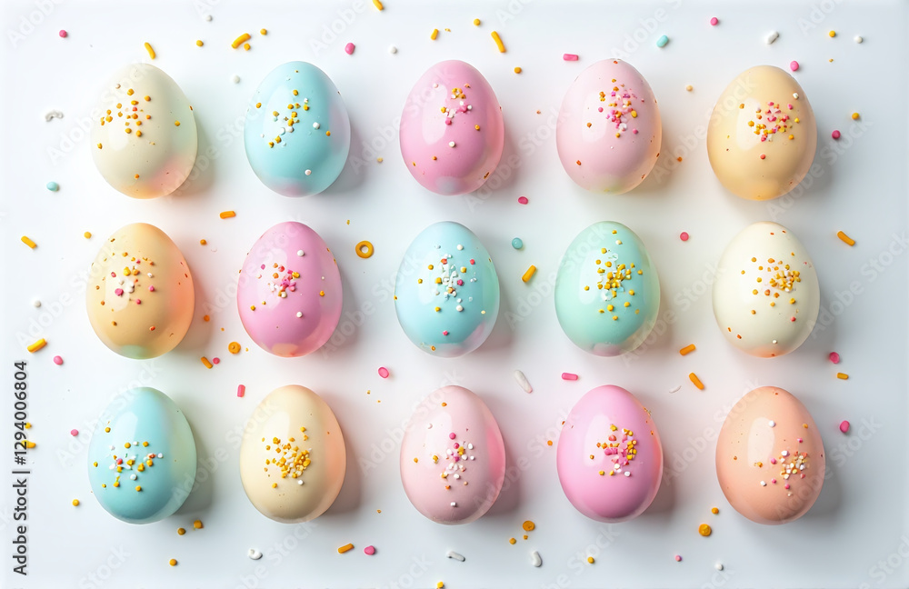 Aufkleber Colorful Eggshell Pattern Forms A Festive Design With Tiny Sugar Sprinkles On A Clean White Table With Empty Space Around It.