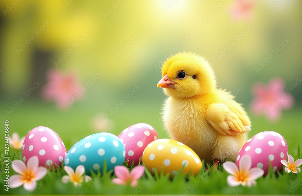Poster Colorful Easter Scene With Happy Chick And Decorated Eggs In A Vibrant Easter Background On A Spring Day Outside.