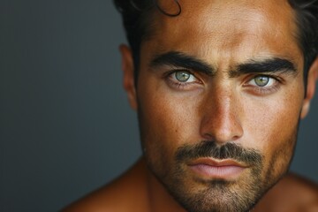 Obraz premium Intense portrait of a handsome Middle-Eastern man with piercing green eyes.
