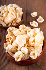 Cracklings or skwarki, fragrant crispy snack made from fried skin of the pork with spices. British, Scottish, Eastern European traditional salted scratchings