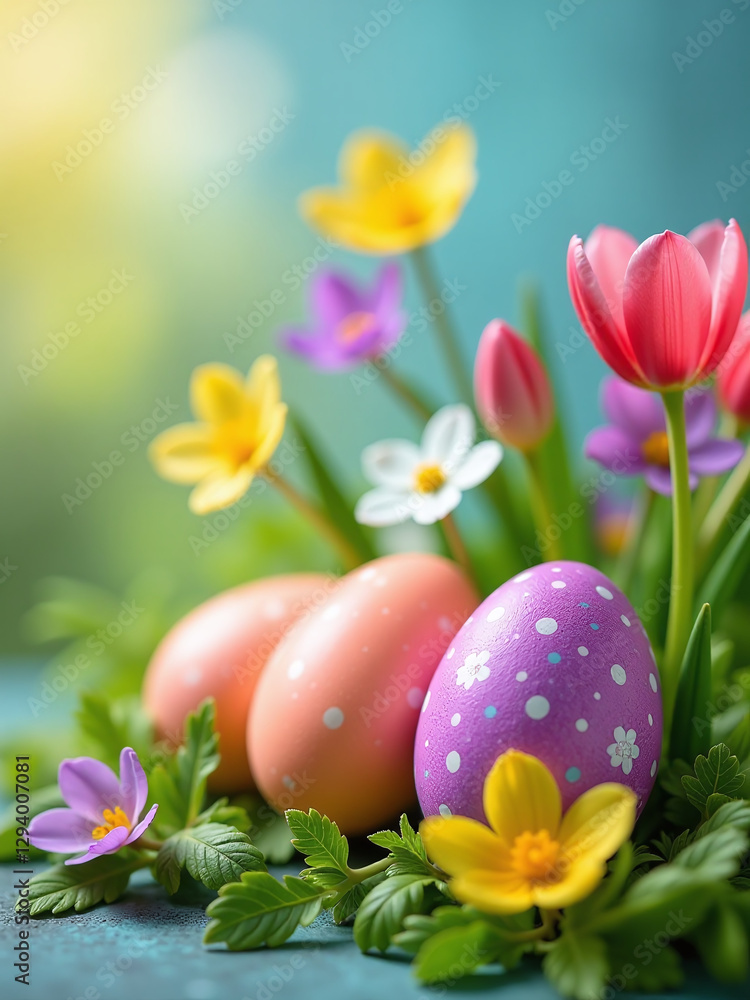 Poster Colorful Easter Scene With Selective Focus On Top Of Easter Eggs And Colorful Spring Flowers In A Blurred Background.