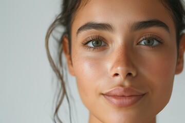 Naklejka premium Close-up of a young woman with long curly hair and striking green eyes, embodying natural beauty and confidence.
