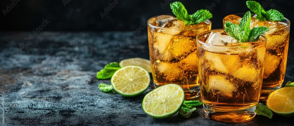 Poster refreshing iced tea with lime and mint on a dark textured surface creating a cool inviting atmospher