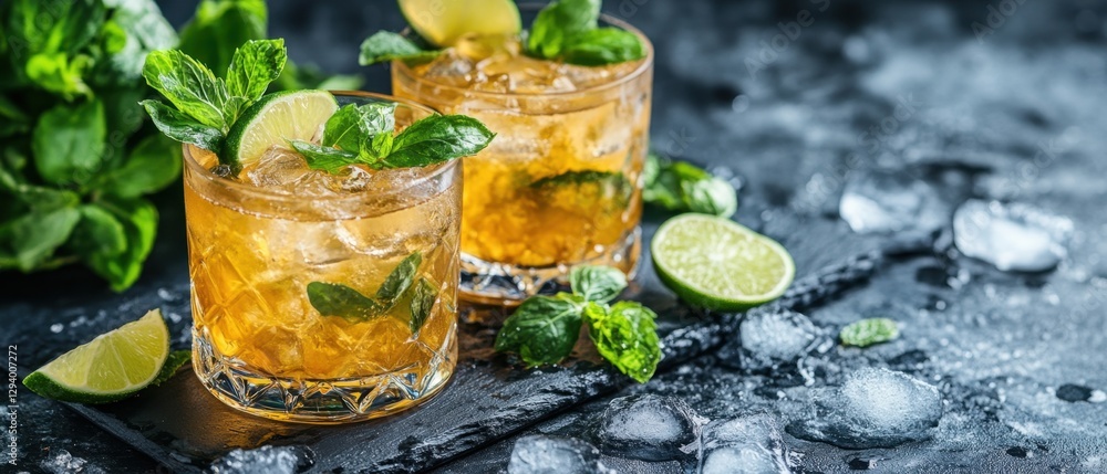 Poster refreshing cocktails with lime and mint on a dark stone board capturing a vibrant and invigorating s