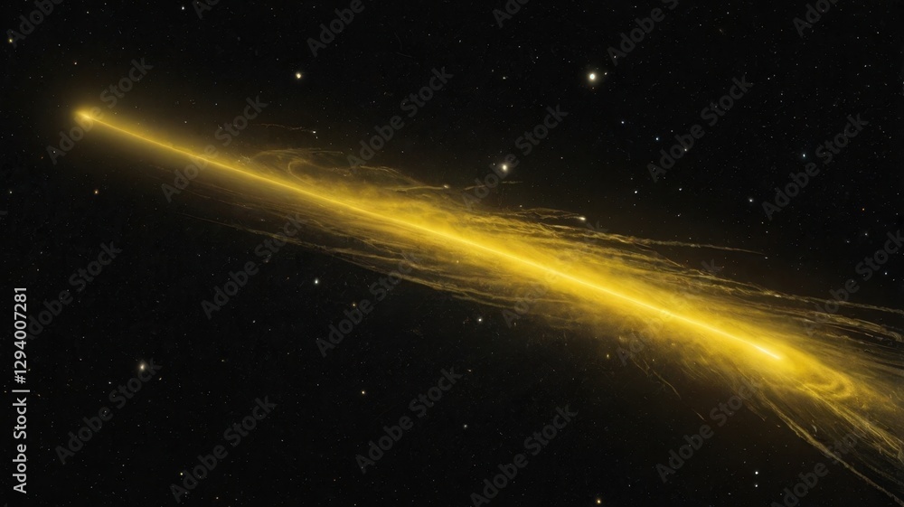 Poster golden comet path icon with yellow glowing tail in dark space background with stars