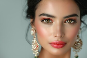 A stunning South Asian woman with flawless skin and dramatic makeup, adorned with intricate earrings.