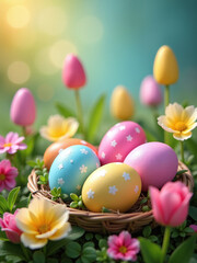 Colorful Easter Scene Featuring Selective Focus On Delicate Eggs Surrounded By Vibrant Flowers Amidst A Festive Holiday Atmosphere.