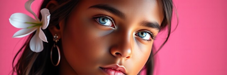 Naklejka premium Close-up portrait of a young woman with striking blue eyes, flawless skin, and a white flower in her hair against a vibrant pink background, exuding beauty, elegance, and serenity.