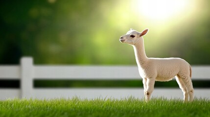 Obraz premium Adorable young alpaca standing in lush green field with sunlit background