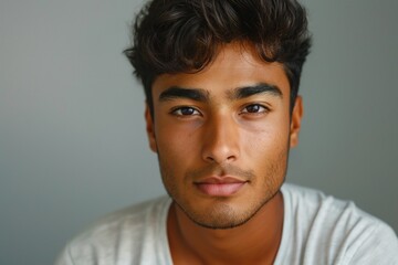 Fototapeta premium Close-up portrait of a young South Asian man with curly hair and a serious expression, set against a neutral background.