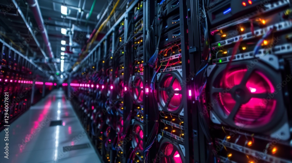 Fototapete Rows of powerful servers are operating in a high performance computing facility, featuring illuminated cooling fans. The environment is busy with advanced technology supporting various tasks.