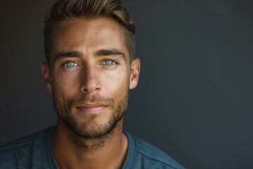Close-up portrait of a handsome Caucasian man with striking blue eyes and a well-groomed beard.