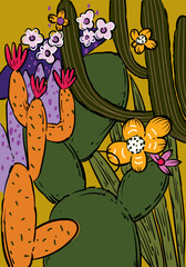 Hand drawn exotic flowers, plants, floral with outlines vector illustration. Artistic design for poster, artprint, wall art and decoration template background.