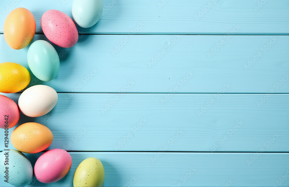 Aufkleber Colorful Easter Eggs On A Light Blue Wooden Table Create A Visually Appealing Flat Lay Composition With Space For Added Text.