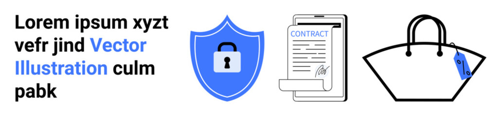 Shield with lock symbol, legal document, and handbag illustrating security, contracts, shopping, and business protection. Ideal for cybersecurity, ecommerce, legal agreements privacy shopping