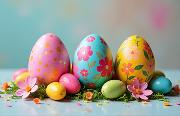 Fototapeta premium Colorful Easter Eggs Bring Joy To Children Who Eagerly Decorate Them With Bright Colors And Various Designs During Holidays.