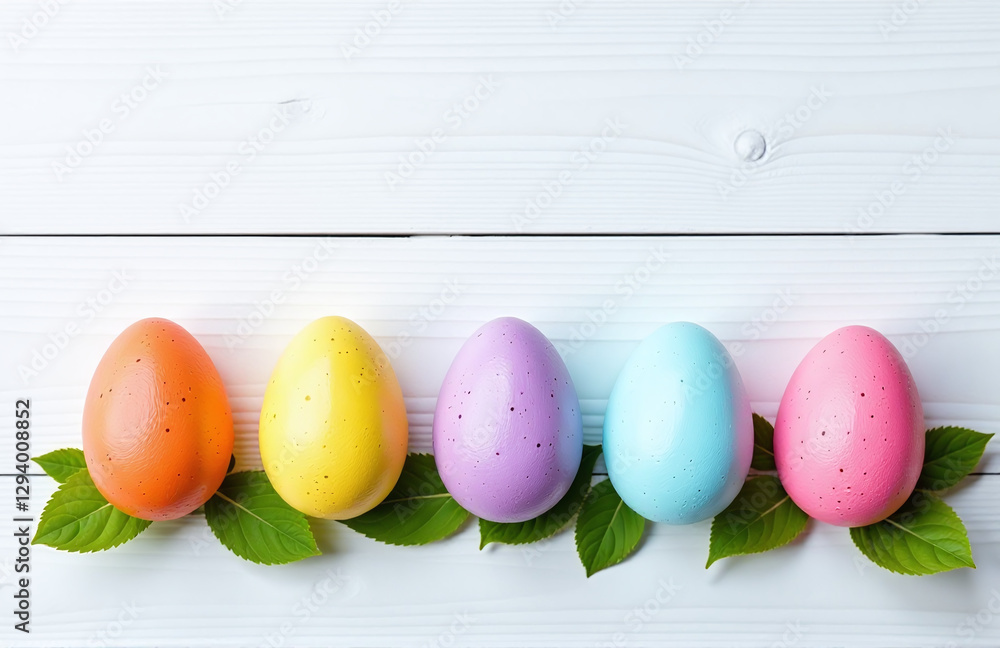 Aufkleber Colorful Easter Eggs Arranged In A Row On A Simple White Wooden Background Create A Visually Appealing Easter Display.