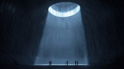Mysterious light beam illuminates abandoned structure in surreal dark atmosphere - digital art concept